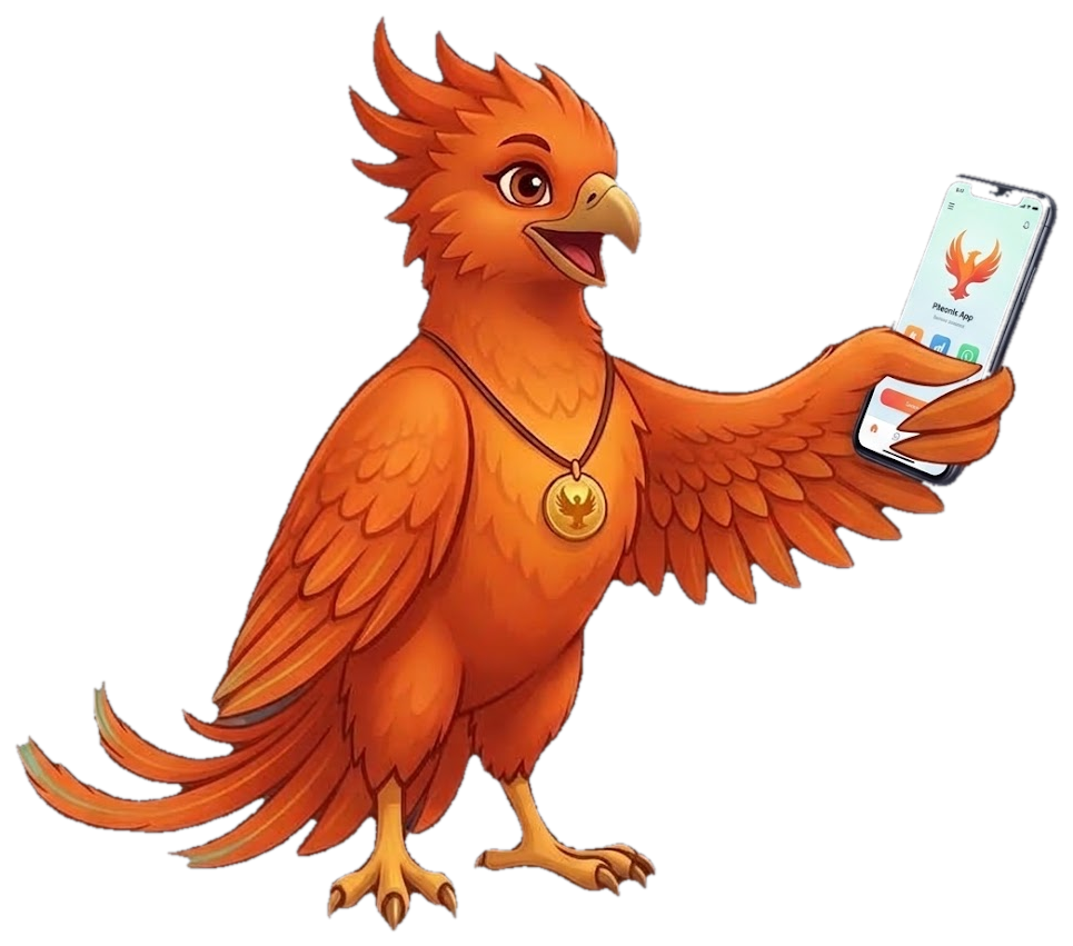 Mascota del Club Fénix con el móvil